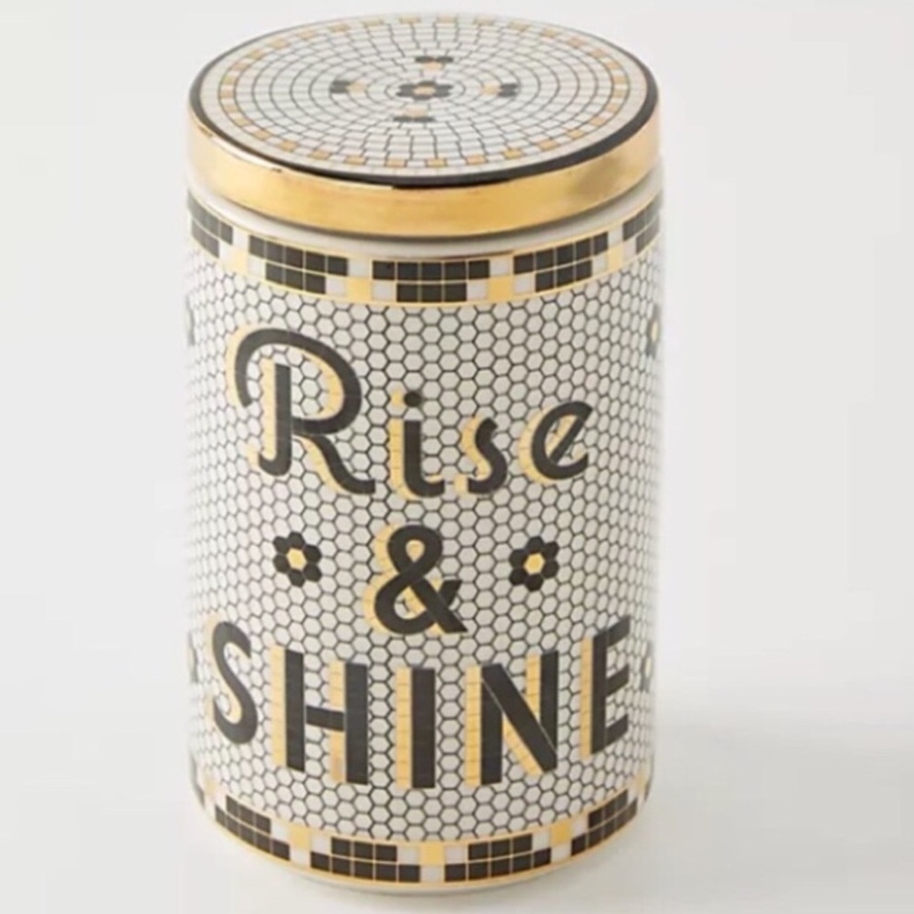 Anthropologie Bistro Tile Rise And Shine Canister 24K Gold Decaled Stoneware NIB